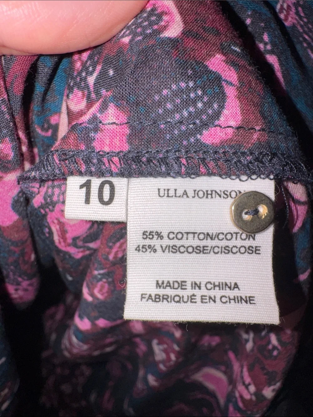 Ulla Johnson Navy Blouse with Pink Floral Print and Puff Sleeves
